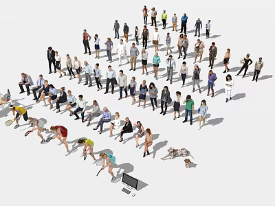 Crowd of People in Various Poses Standing Sitting and Lying Near Laptop 3d model