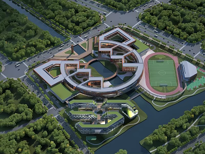 Modern School Campus Buildings With Circular Layout Green Sports Field And Trees 3d model