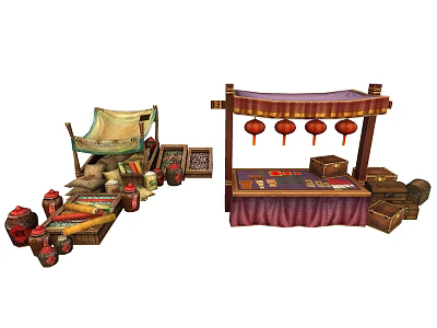 Traditional Market Stalls Featuring Red Lanterns Canopies Handicraft Items And Vintage Baskets 3d model