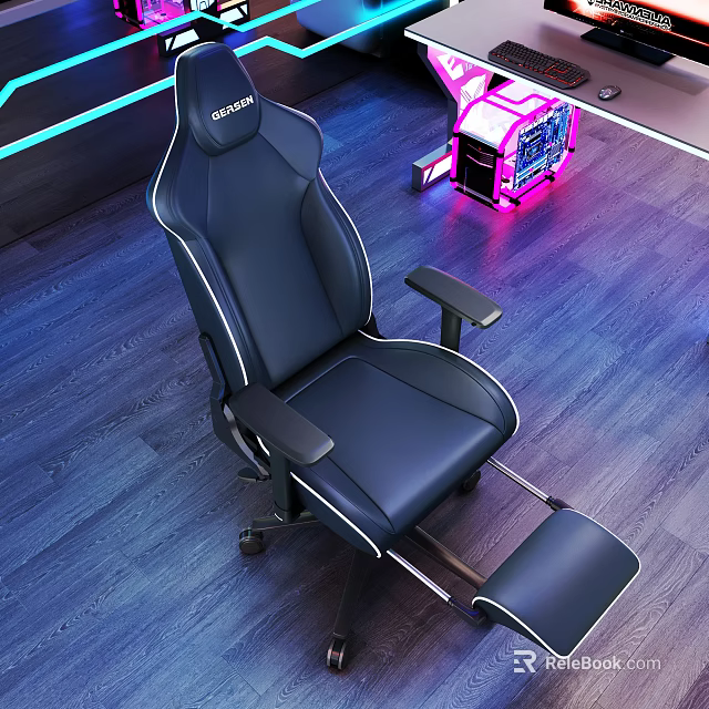 Black Leather Gaming Chair With White Stitching Adjustable Armrests Footrest And RGB Lighting 3d model 