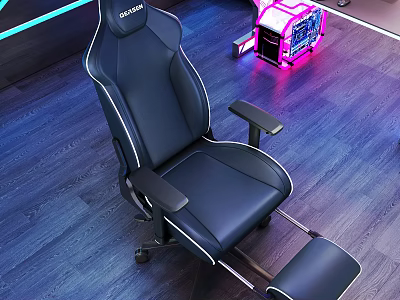 Black Leather Gaming Chair With White Stitching Adjustable Armrests Footrest And RGB Lighting 3d model