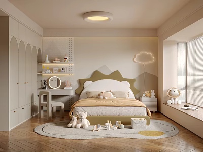 Kids Room Interior Design With Bed Cloud Lamp Wardrobe Rug Stuffed Toys And Window Blinds 3d model