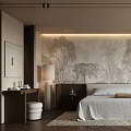 Serene Modern Bedroom Interior Design With Tree Patterned Wall Large Bed And Soft Area Rug 3d model