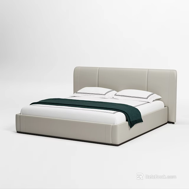 Modern Double Bed with Light Gray Leather Headboard White Sheets and Dark Green Throw Blanket 3d model