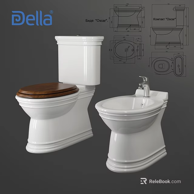 Traditional White Ceramic Toilet With Wooden Seat And Matching Bidet Design 3d model 