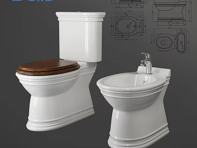 Traditional White Ceramic Toilet With Wooden Seat And Matching Bidet Design 3d model