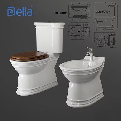 Traditional White Ceramic Toilet With Wooden Seat And Matching Bidet Design 3d model