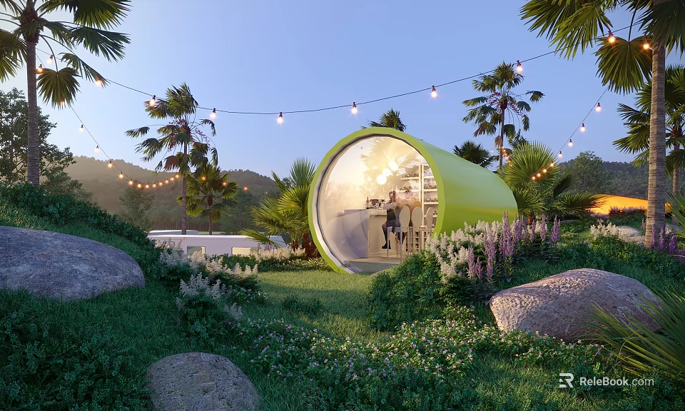 Serene Garden Landscape With Green Dome Building Palm Trees Lush Grass And String Lights 3d model 