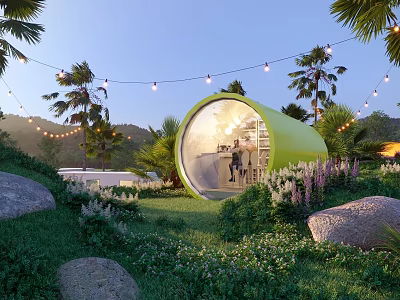Serene Garden Landscape With Green Dome Building Palm Trees Lush Grass And String Lights 3d model