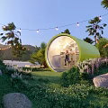 Serene Garden Landscape With Green Dome Building Palm Trees Lush Grass And String Lights