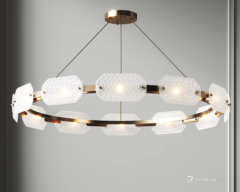 Modern Round Chandelier With Brass Frame And Textured White Glass Shades Elegant Lighting Fixture 3d model 