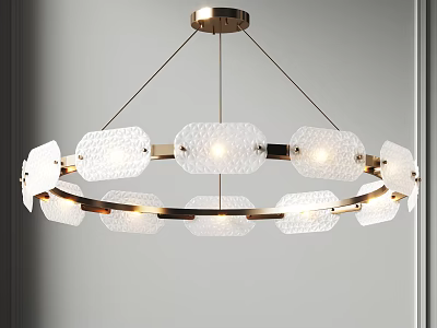 Modern Round Chandelier With Brass Frame And Textured White Glass Shades Elegant Lighting Fixture 3d model
