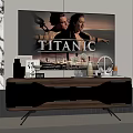Modern Wooden TV Stand With Metal Accents And Decorative Items Below Large Screen TV
