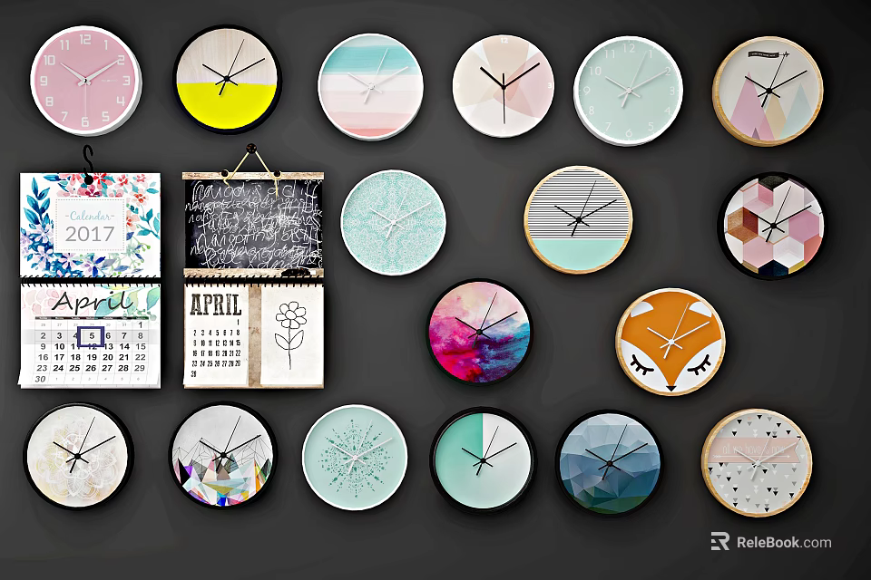 Decorative Clocks With Various Designs And Calendars On Black Wall 3d model