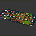 Pink Meat Slices on Green Leaves Blue Tray with Red White Flowers and Yellow Circle