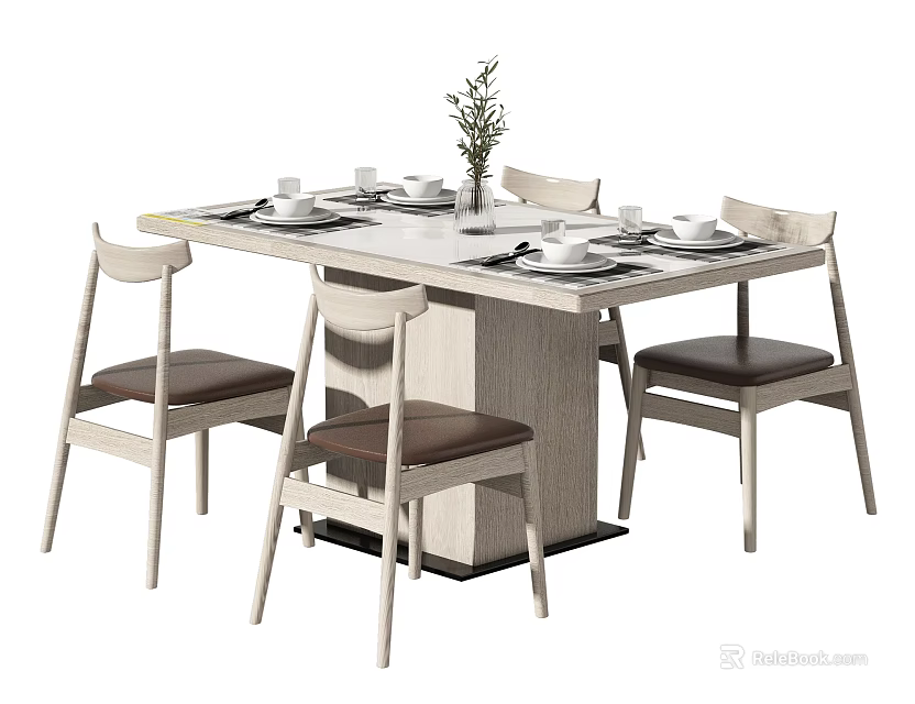 Modern Dining Table Set With Four Chairs Wooden Frame Leather Seats And Decorative Plant 3d model 