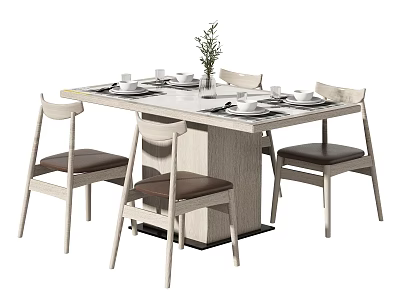 Modern Dining Table Set With Four Chairs Wooden Frame Leather Seats And Decorative Plant 3d model