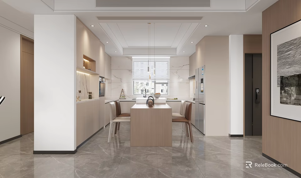 Modern Dining Kitchen Open Design With Island Counter Cabinets And Pendant Light 3d model