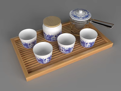 Traditional Blue And White Tea Set With Wooden Tray Glass Teapot Cups And Jar 3d model