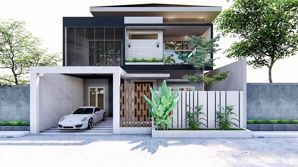 Modern Detached Villa Exterior Design With Two Story Glass Windows White Car And Green Plants 3d model 