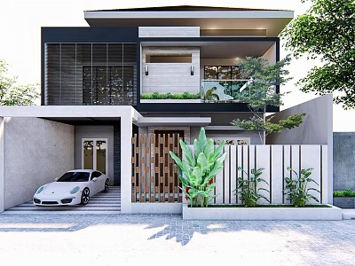 Modern Detached Villa Exterior Design With Two Story Glass Windows White Car And Green Plants 3d model