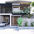 Modern Detached Villa Exterior Design With Two Story Glass Windows White Car And Green Plants