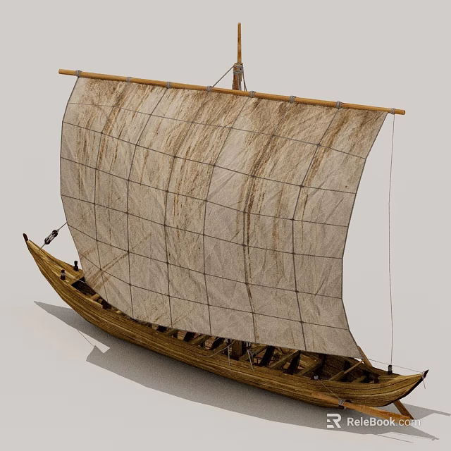 Ancient Wooden Ship Featuring Large Canvas Sail With Grid Pattern And Wooden Hull Structure 3d model 