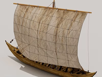Ancient Wooden Ship Featuring Large Canvas Sail With Grid Pattern And Wooden Hull Structure 3d model