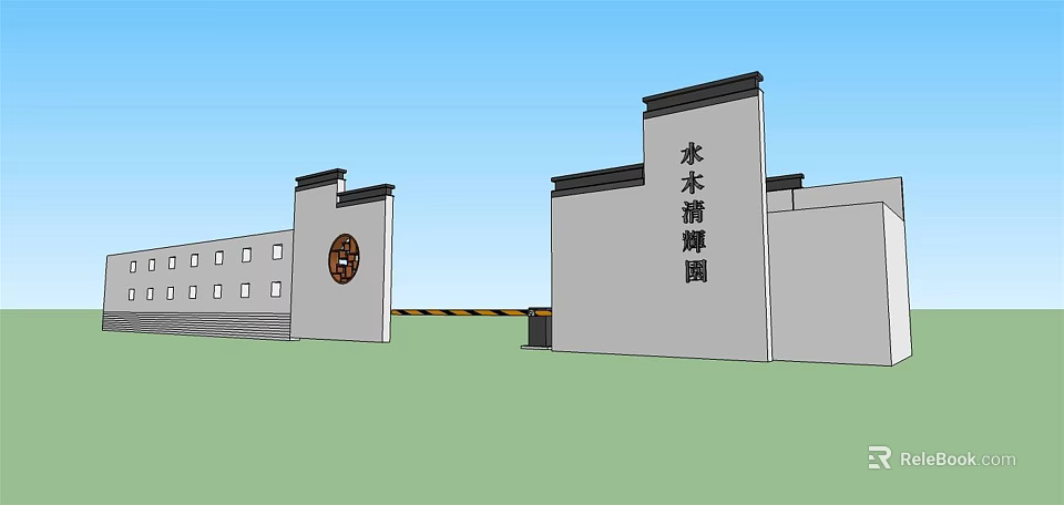 Traditional Gray Entrance Gate with Circular Emblem for Shuimu Tsinghua Garden 3d model 