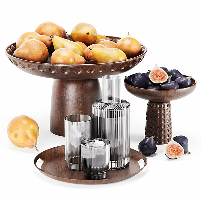 Elegant Decorative Ornament Combination with Pedestal Fruit Bowls Pears Figs Glass Cups and Metal Bottle 3d model