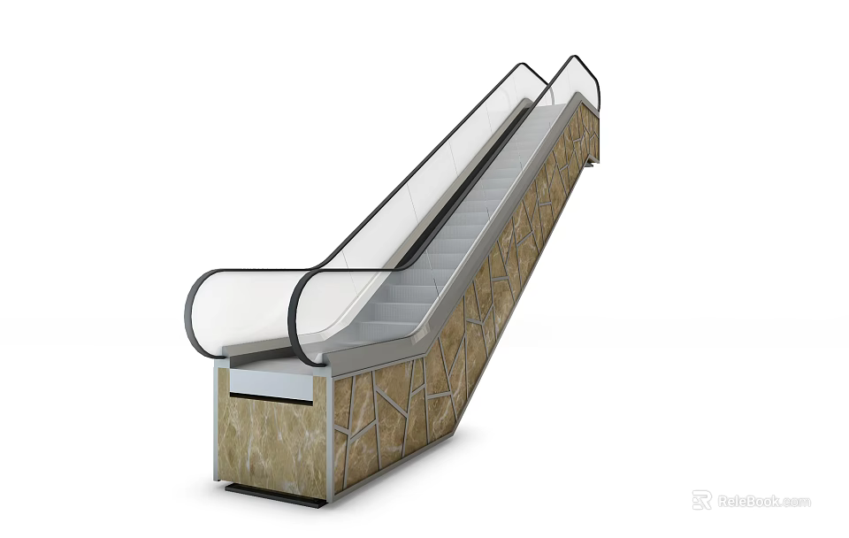 Modern Escalator With Transparent Handrail Marble Textured Side Panel And Metal Frame 3d model 