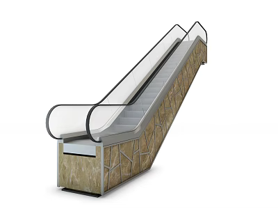 Modern Escalator With Transparent Handrail Marble Textured Side Panel And Metal Frame 3d model