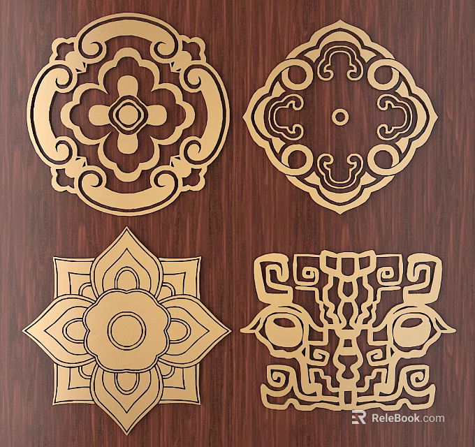 Four Intricate Golden Traditional Decorative Carved Patterns On Dark Wooden Surface 3d model 