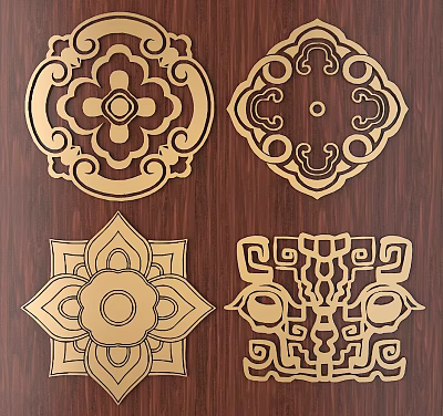 Four Intricate Golden Traditional Decorative Carved Patterns On Dark Wooden Surface 3d model