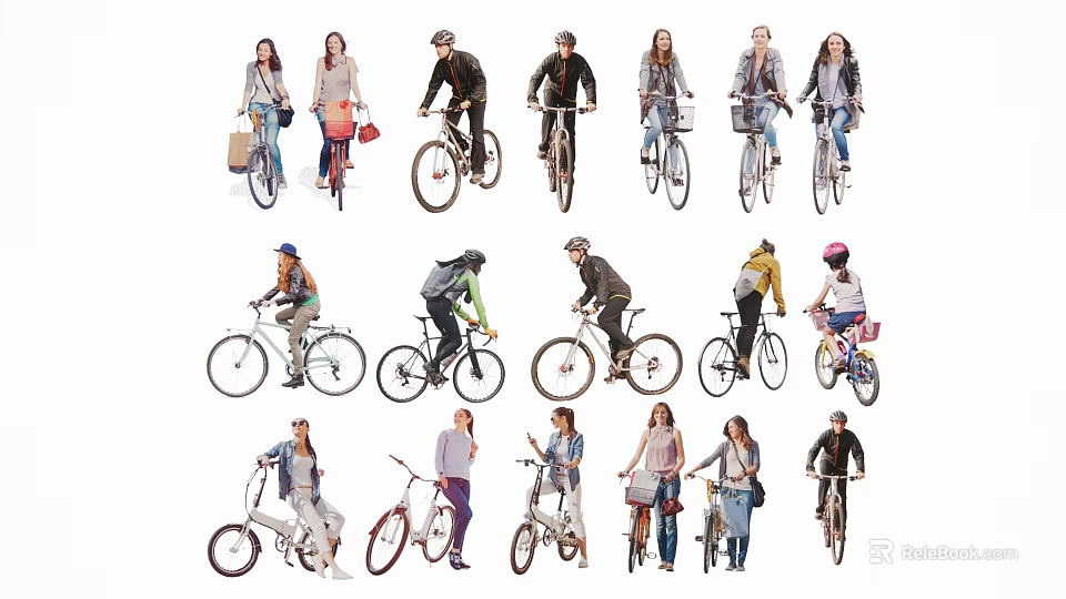 Group of Diverse People Riding Different Types of Bicycles in Various Styles 3d model 