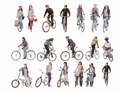 Group of Diverse People Riding Different Types of Bicycles in Various Styles 3d model