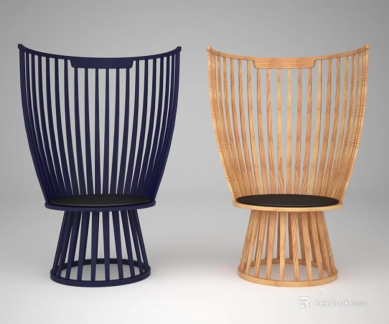 Two Navy Blue And Natural Wood Wicker Leisure Chairs With Ribbed Backrest And Circular Base 3d model 