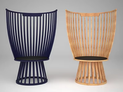 Two Navy Blue And Natural Wood Wicker Leisure Chairs With Ribbed Backrest And Circular Base 3d model