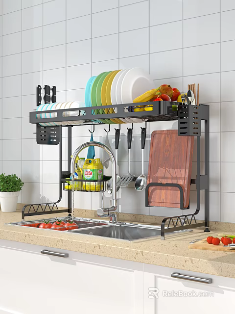 Practical Kitchen Cabinets With Dish Rack Plates Fruits Vegetables And Cutting Board 3d model 