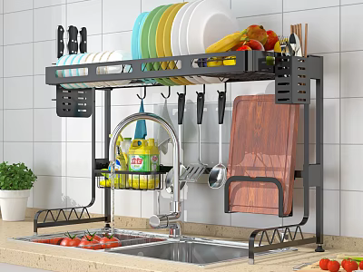Practical Kitchen Cabinets With Dish Rack Plates Fruits Vegetables And Cutting Board 3d model