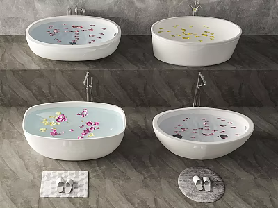 White Freestanding Bathtubs With Flower Petals Slippers And Mats In Bathroom 3d model