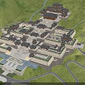 Traditional Ancient Architecture Complex with Mountain Surroundings and Terraced Water Pools in Classical Design