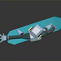 White Robot with Yellow Ears and Green Striped Limbs Riding Blue Skateboard