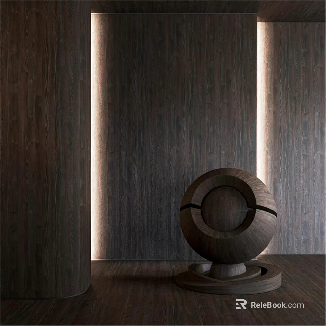 Wooden Circular Component With Ring Design On Dark Wooden Background Illuminated By Vertical Lights 3d model 