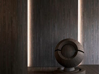 Wooden Circular Component With Ring Design On Dark Wooden Background Illuminated By Vertical Lights 3d model