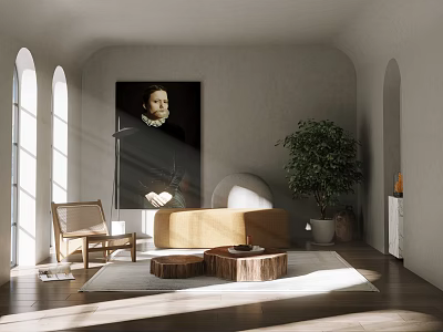 Bright Living Room Interior With Arched Doorways Portrait Painting Beige Sofa Wooden Tables And Green Plant 3d model