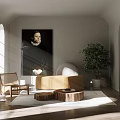 Bright Living Room Interior With Arched Doorways Portrait Painting Beige Sofa Wooden Tables And Green Plant