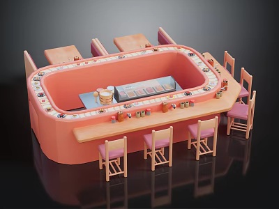 Stylish Modern Orange Oval Dining Table with Surrounding Chairs and Extended Countertop 3d model