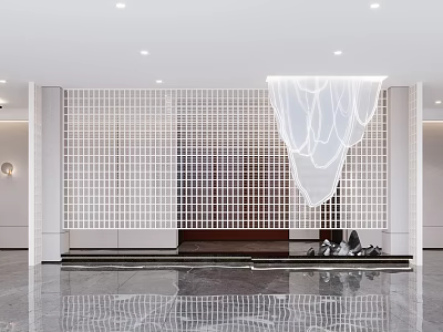 Modern Hotel Lobby Interior With Geometric Grid Partition Flowing White Pendant Light And Marble Floor 3d model