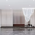 Modern Hotel Lobby Interior With Geometric Grid Partition Flowing White Pendant Light And Marble Floor